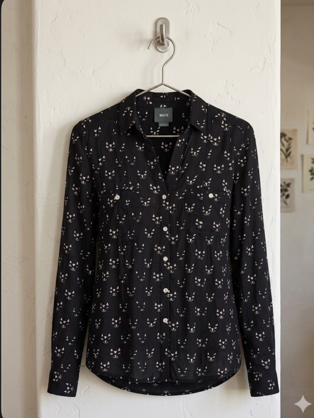 🐱 Maeve Anthropologie Clever Cat Print Blouse Size 6 EUC